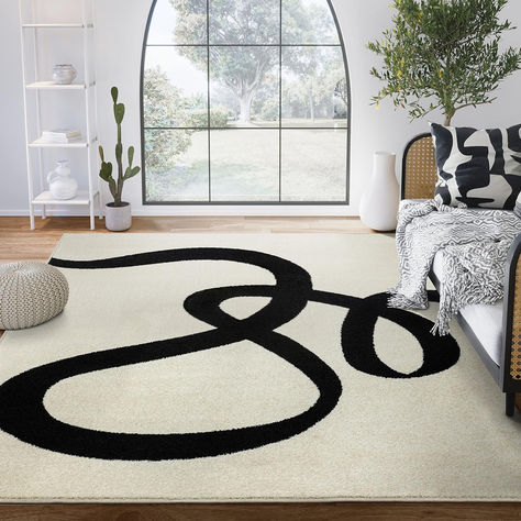 Beige/Black Area Rug - 4'x6' - Modern Curved Line Design Mid Century Modern Bedroom, Floor Art, Functional Decor, Black Area Rugs, Abstract Rug, White Area Rug, Indoor Rugs, Line Design, Bronx