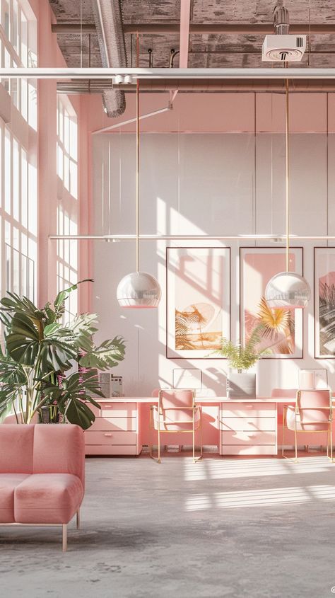 Pink Office Design, Pink Interior Design, Pink Industrial, Small Office Design Interior, Feminine Office, Small Office Design, Feminine Decor, Office Interior Design Modern, Bohemian Interior Design