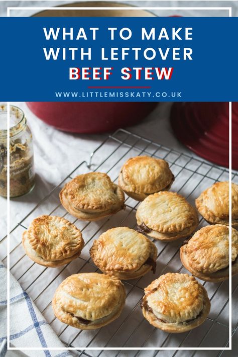 Mini beef stew pies - a creative way to use up leftover beef stew! Leftover Stew Ideas, Leftover Beef Stew Recipes, Leftover Beef Stew What To Do With, Beef Stew Leftover Ideas, What To Make With Stew Meat Besides Stew, What To Do With Stew Meat Besides Stew, Beef Stew With Pastry Top, Beef Stew Pie, Beef Stew Pot Pie