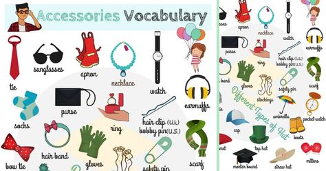 Accessories Vocabulary in English | Learn Accessories Names | 7ESL Dipped Hair, Printable Pictures, Black And White Baby, New Trucks, Woodland Nursery, Animal Nursery, Language Learning, Animal Decor, Vocabulary Words