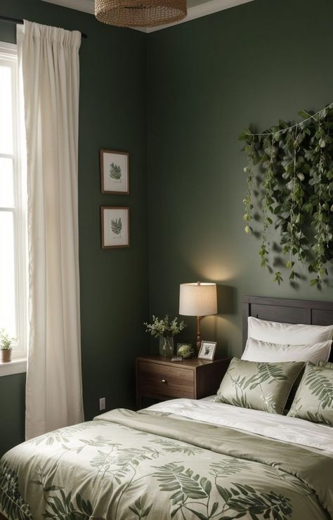 Forest Green Bedrooms, Green Room Ideas Bedroom, Olive Green Bedrooms, Green Bedroom Walls, Green Bedroom Decor, Green Accent Walls, Mirrors Bathroom, Plush Bedding, Green Vibes