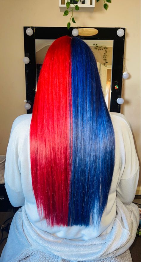 Half Red And Blue Hair, Blue And Red Split Dye, Half Red Half Blue Hair, Red And Blue Hair Split, Half Coloured Hair, Half And Half Dyed Hair, Blue Split Dye Hair, Blue And Red Hair, Red Hair Tips