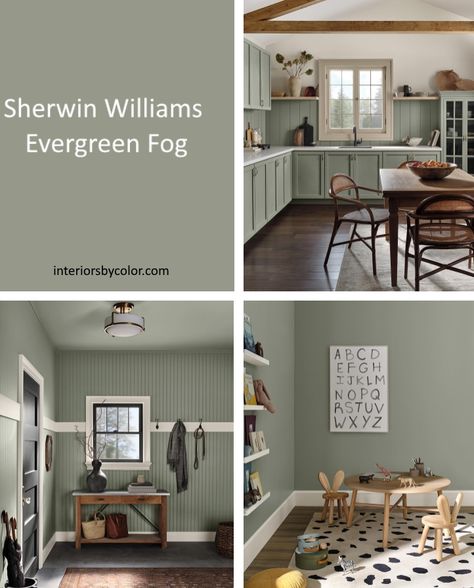 Sherwin Williams Evergreen Fog Color of the Year 2022 - Interiors By Color Sherwin Williams Evergreen Fog, Sherwin Williams Paint Neutral, Painted Woodwork, Evergreen Fog, Woodwork Projects, Paint Color Inspiration, House Color Palettes, Sherwin Williams Paint Colors, Year 5