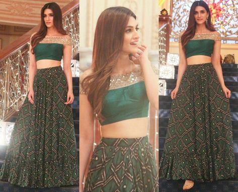 Kriti Sanon was spotted promoting her movie Bareilly Ki Barfi in a long skirt and an off shoulder crop top by Arpita Mehta. Crop Top Wedding Dress Indian, Skirt And Crop Top Indian, Indian Crop Tops, Long Skirt And Top, Skirt And Crop Top, Indian Skirt, Lehenga Blouse Designs, Long Skirt Outfits, Kriti Sanon