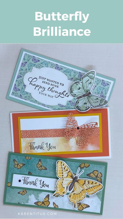 Mini Slim Line Cards, Jennifer Mcguire Cards Tutorials, Butterfly Brilliance, Jennifer Mcguire Cards, Butterfly Bouquet, Easy Butterfly, Slimline Cards, Designer Series Paper, Fancy Fold Cards