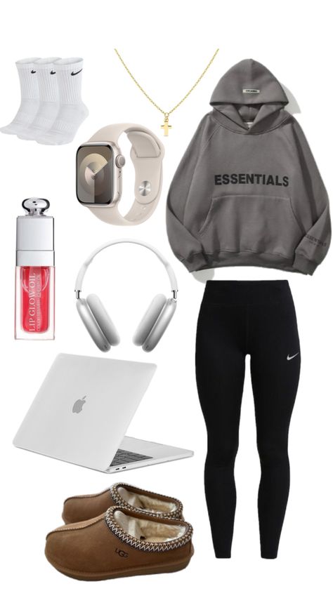 essentials hoodie, black leggings, ugg slippers, gold cross necklace, nike socks, apple watch, macbook, lip oil(forgot brand), headphones(also forgot brand). Leggings Uggs Outfit, Black Nike Socks Outfit, Outfits With Nike Socks, Essentials Hoodie Black, Nike Socks Outfit, Black Nike Socks, Essentials Hoodie, Sock Outfits, My Aesthetic