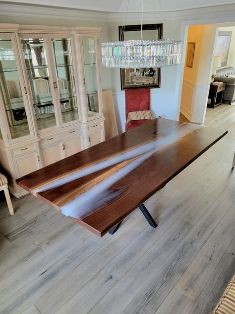 8ft Smokey White Epoxy Black Walnut Dining Table - Woodify Canada River Style, Epoxy River Table, River Table, Table Leg, Walnut Dining Table, Stain Colors, Black Walnuts, Black Walnut, Table Legs