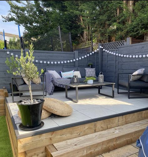 Small Decked Area, Raised Garden Patio Ideas, Raised Porcelain Patio, Small Decking Area, Raised Decking Ideas Garden, Raised Decking Ideas, Raised Patio Ideas, Sloped Garden Ideas, Raised Decking