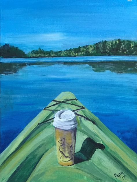 Canoe Painting Acrylic, Paint Kayak, Kayak Painting Acrylic, Paddle Board Painting, Granola Painting Ideas, Canoe Painting Ideas, Camping Painting Ideas, Advanced Paintings, Camping Painting Easy