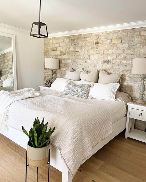 30 Brick Walls to Create an Architectural Feature in Your Home Beige And Grey Bedding, White Brick Bedroom, No Headboard Ideas, Bedroom Floor Mirror, Small Farmhouse Bedroom, Brick Wallpaper Bedroom, Blue And Grey Bedding, Brick Wall Bedroom, No Headboard