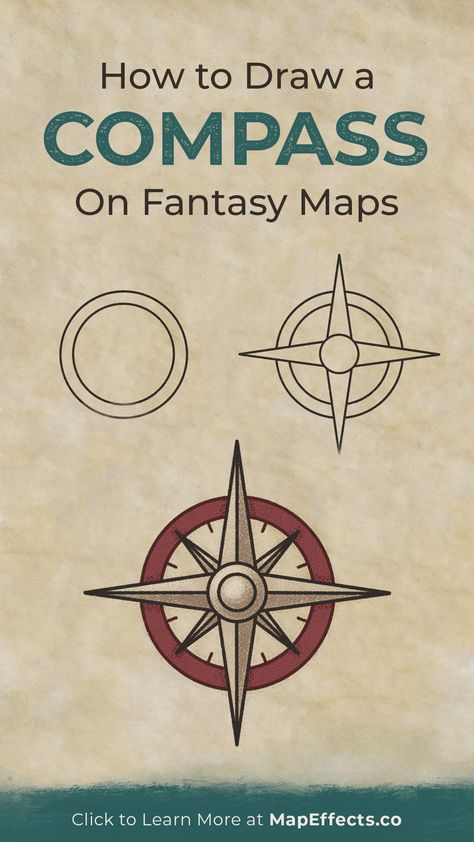 How to draw a simple compass on your fantasy maps Old Map Compass Drawing, Making Your Own Map, Fantasy Map Compass Drawing, How To Draw Fantasy Maps, How To Make A Map, How To Make A Fantasy Map, Old Map Drawing, How To Draw A Map, Fantasy Maps Drawing