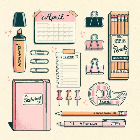 How To Design Stationery, Stationary Illustration, Journal Illustrations, Notebook Illustration, Stationery Drawing, Stationary Aesthetic, Doodle Aesthetic, Journal Illustration, Digital Bullet Journal