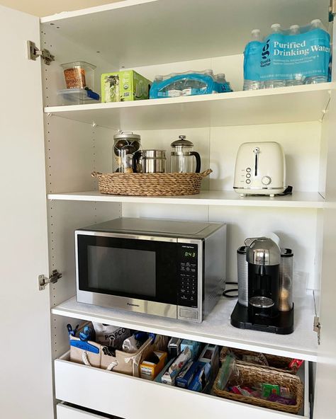 Pax pantry with bottled water, storage containers and appliances Pax Pantry, Pantry Hacks, Ikea Pantry, Ikea Pax Hack, Appliance Garage, Kallax Shelf, Ikea Pax Wardrobe, Hidden Kitchen, Pax Wardrobe