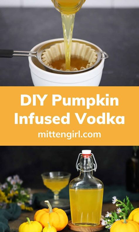 Pumpkin infused vodka lets the flavor of pumpkin shine through. No spices, just delicious pumpkin flavor infused with vodka for making tasty fall drinks. Pumpkin Infused Vodka, Pumpkin Cocktails Vodka, Pumpkin Vodka Recipes, Liquor Infusions, Dear Alcohol, Pumpkin Cocktails, Flavored Vodka Drinks, Diy Liquor, Homemade Liqueur