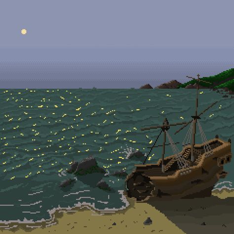 This is my third attempt to draw a pixel pic. #wrecked #ship #sea #ocean #view #pixel #art #pixelart #shore #waves #horizon Waves Pixel Art, Ship Pixel Art, Sea Pixel Art, Ocean Pixel Art, Nature Pixel Art, Pixel Ocean, Pixel Beach, Pixel Nature, Wrecked Ship