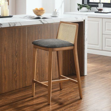 Elevate your kitchen or dining area with the Monarch Counter Stool, a stunning blend of French country elegance and modern farmhouse style. This wood counter stool features a sturdy beech wood frame and a rattan backrest with intricate cane webbing, granting both style and durability. The dense foam padded seat, covered in soft fabric upholstery, provides lasting comfort, making it a comfortable counter height chair perfect for longer gatherings. Designed as a modern stool for kitchen counters, Wood Kitchen Counters, Kitchen Counter Chairs, Stool For Kitchen, Woven Bar Stools, Unique Bar Stools, Rattan Counter Stools, Counter Stools With Backs, Gray Counter, Cane Webbing