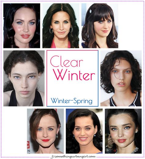 Clear Winter, Winter-Spring seasonal color celebrities by 30somethingurbangirl.com Clear Spring Makeup, Palette Hair Color, Winter Skin Tone, Seasonal Color Palette, Clear Winter, Clear Spring, Winter Color Palette, Winter Typ, True Winter