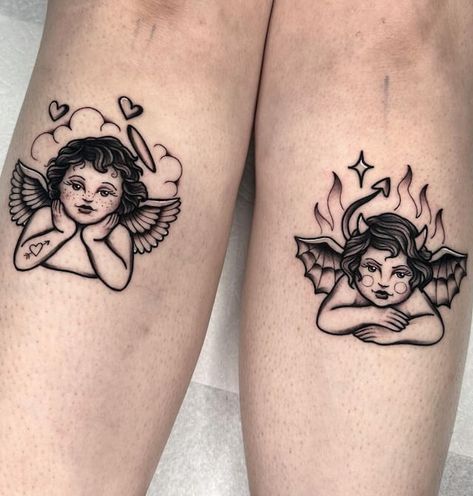 20 Unique Sister Tattoo Ideas for a Lasting Connection Matching Tattoos Creepy, Angel Matching Tattoo, Best Friend Tattoos American Traditional, Bart And Lisa Tattoo Brother And Sister, Dark Bestie Tattoos, Matching Best Friend Tattoos Unique, Edgy Sister Tattoos, Good And Evil Matching Tattoos, Funny Matching Sister Tattoos