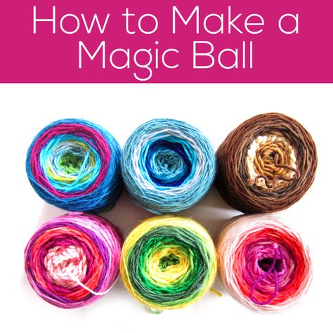 Have you heard of a Magic Ball? It’s a ball of yarn that changes colors and textures as you work. It’s something offered by a number of artisan yarn makers… but it’s also something you can make yourself with your leftover yarn! Besides ending up with an awesomely fun end-product… you’ll finally get to use … Leftover Yarn Project, Make Pom Poms, Scrap Yarn Crochet, Artisan Yarn, Leftover Yarn, Knitting Hacks, Magic Ball, Pillow Projects, Make Do And Mend