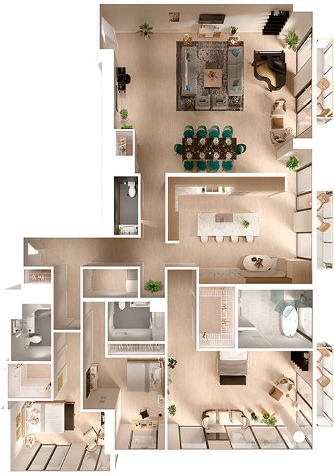 Penthouse 3D Floor Plan | Top View #3D Floor Plans | #floorplans #3D #3Dfloorplans #penthouse Sims 4 Modern House, 3d Floor Plans, 3d House Plans, 3d Floor Plan, Apartment Floor Plan, House Floor Design, Sims 4 House Design, Apartment Floor Plans, Model House Plan