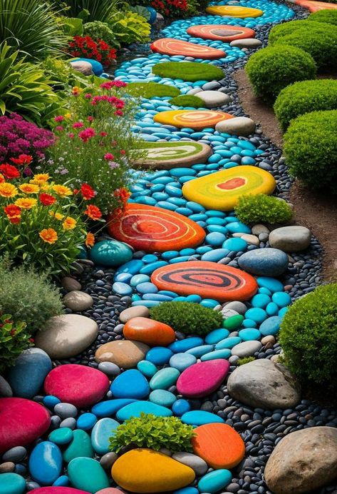 Garden Rock Art Ideas Yards, Painted Rock Pathway, Colorful Rock Garden, Small School Garden Ideas, Fun Flower Bed Ideas, Funky Outdoor Spaces, How To Design A Flower Garden, Painted Rock Garden Landscaping, Rock Flowers In Garden