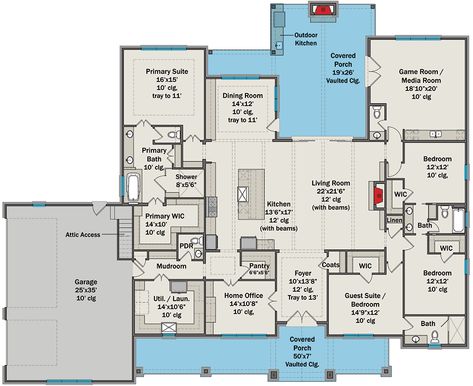 This 3,620 square foot New American Craftsman house plan  features natural wood and stone accents, with painted brick, board and batten siding, and wood timbers enhancing the front elevation.  Inside, the open-concept living spaces are centrally located, with the dining room's three windows creating a bright atmosphere, and a door leading to a vaulted covered patio complete with a built-in summer kitchen and fireplace.  The spacious kitchen includes two oversized islands, a walk-in pantry, and views of the dining and great rooms.  The master bedroom, tucked behind the kitchen for privacy, offers a 5-fixture bath and walk-in shower.  Three additional bedrooms are across the home, with two sharing a Jack-and-Jill bath and one with a full bath. A quiet home office and House Plans With Canning Kitchen, House Plans With Butlers Pantry, American Craftsman House, Kitchen Wet Bar, Moore House, American House Plans, Spacious Kitchen, Board And Batten Siding, Home Design Floor Plans