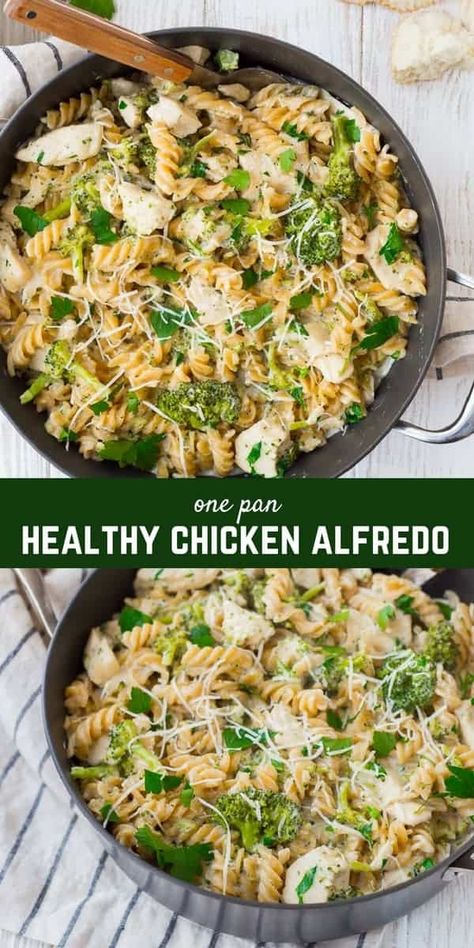 An Easy Chicken Alfredo Recipe with Broccoli that's made in ONE PAN and has far less calories than a traditional Alfredo. Does it seem too good to be true? It's not! This recipe will satisfy that Alfredo craving without leaving you feeling sluggish and overly full. Make it tonight! Alfredo Healthy, Easy Chicken Alfredo Recipe, Chicken Alfredo With Broccoli, Alfredo With Broccoli, Recipe With Broccoli, Simple Chicken Alfredo Recipe, Easy Chicken Alfredo, Healthy Chicken Alfredo, Chicken Alfredo Recipe