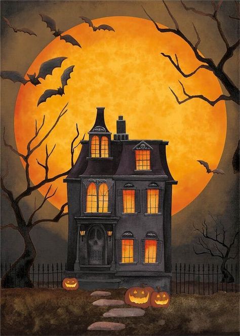 Haunted House Acrylic Painting, Spooky House Painting, Spooky House Drawing, Halloween Window Painting, Scary Halloween Art, Halloween Art Painting, Haunted House Painting, Drawing Vampire, Paintings Halloween