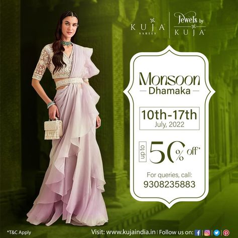 Steal the deal of our Monsoon Dhamaka sale where we are giving you up to 50% off on our selected range of stock clearance products. Valid from 10th to 17th July, start preparing your wishlist for the sale today. To shop on Whatsapp video call, ring us at: 9308235883. Visit our showroom to check out the exclusive collection. #Kuja #MonsoonSale #Patna #Offer # #sale #sales #forsale #salealert #sale50 #offer #offers #specialoffer #specialoffers #offersale #bestoffer Monsoon Fashion, Whatsapp Video Call, Sale Video, Stock Clearance, Graphic Design Trends, Video Call, The Deal, Exclusive Collection, Showroom