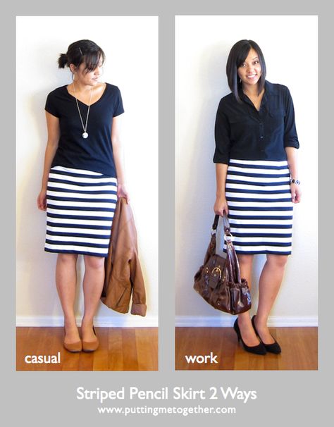 Two Ways to Wear a Striped Pencil Skirt Striped Pencil Skirt Outfit, Striped Pencil Skirt, Classy Skirts, Fall Fashion Trends Women, Pencil Skirt Outfits, Striped Skirt, Cooler Look, My Clothes, Stripe Skirt