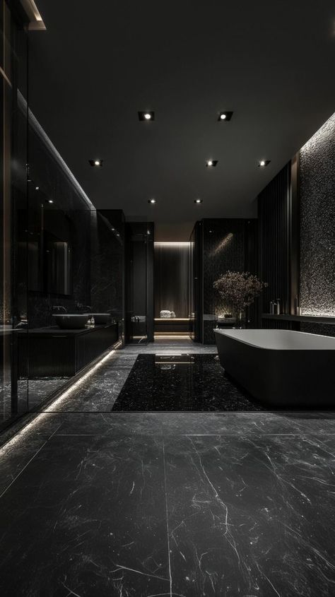 Black House Interior Design Bathroom, Dark Modern Home Interior, Dark Luxury Bathroom Master Baths, Luxury Dark Bathroom Ideas, Modern House Interior Black, Dream Life Dark Aesthetic, Black Master Bathrooms Luxury, Split Bathroom Ideas, Black Marble Floor Bathroom