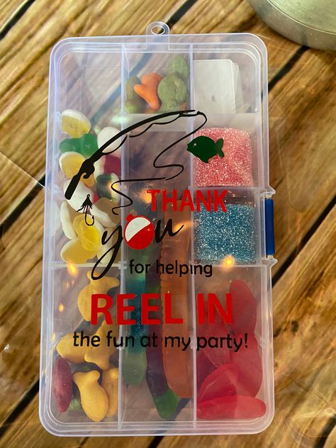 Teout fishing theme party favors. Gummy worms, fish, frogs, gold fish. Small tackle boxes from Amazon Snacks For Fishing Party, Fishing Party Games For Adults, Fish Theme Party Favors, Frog Party Favors, Fishing Theme Party Favors, Ofishally One Party Favors, 40th Birthday Fishing Theme, Gone Fishing Retirement Party Ideas, Tackle Box Party Favor