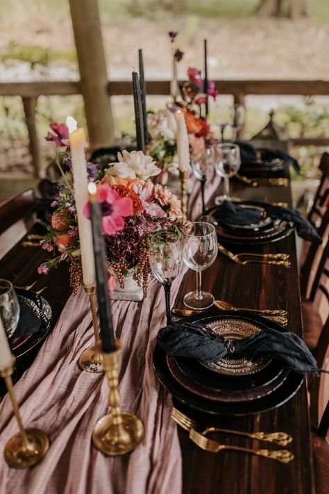 Elegant Jeweled Styled Shoot — Power of Love Rentals Dark Academia Dinner Table, Moody Black And Pink Wedding, Black And Colorful Wedding Table Settings, Moody Purple Wedding Decor, Gothic Spring Wedding, Dark And Moody Bridal Shower Ideas, Goth Wedding Table Decor, Dark Feminine Party, Moody Bridal Shower Ideas