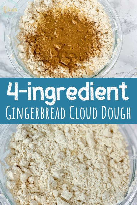 This gingerbread cloud dough sensory bin includes scented cloud dough and a gingerbread cookie cutter to create fine motor and pretend play for kids. #sensoryplay #sensory #spd #kidsactivities #pretendplay #toddlers #preschoolers #playbasedlearning #christmasactivities #wintersensoryplay Gingerbread Activities For Infants, Gingerbread Infant Activities, Bread Sensory Bin, Hanukkah Sensory Bin, Reindeer Sensory Bin, Ginger Bread Craft For Kids, Gingerbread Sensory Bin Preschool, Gingerbread Week Preschool, Cookie Dough Sensory Bin