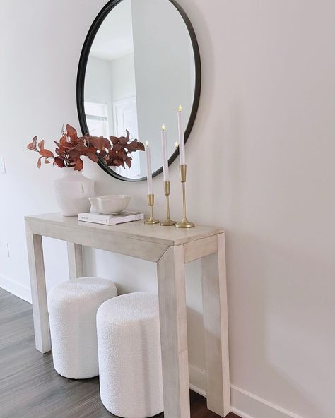 Entryway Neutral Console table styling ✨ My new boucle ottomans from @getsetstylefurniture was the perfect touch for these console. 🏡💖… | Instagram Neutral Console Table, Entryway Neutral, Fall Stems, Modern Decorations, Dining Room Console, Console Table Styling, Scandi Decor, Entrance Table, Soft Minimalism