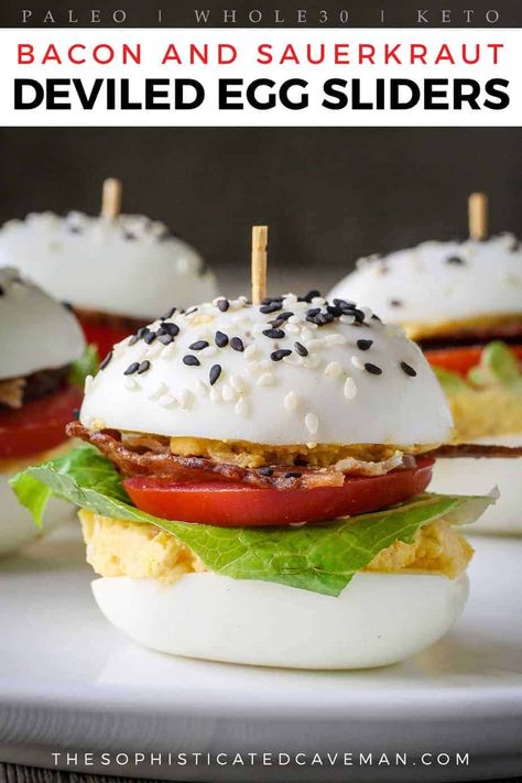 These Bacon and Sauerkraut Deviled Egg Sliders make an adorable but zesty easy appetizer or snack. #Paleo #Keto #Whole30 Egg Sliders, Ketogenic Meals, Bacon Burgers, Keto Deviled Eggs, Devilled Eggs Recipe Best, Keto Bacon, Egg Burger, 170 Pounds, Bacon In The Oven