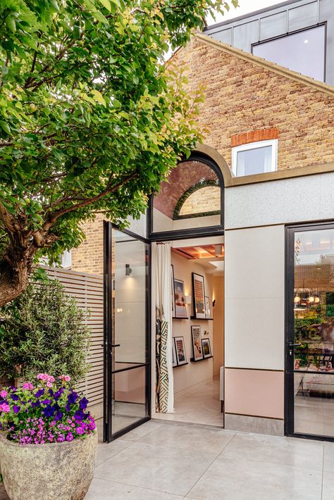 Edwardian House Renovation, Brick Arch, Edwardian House, London Architecture, Arched Doors, Green Door, Kitchen Extension, Pink Houses, House Extensions