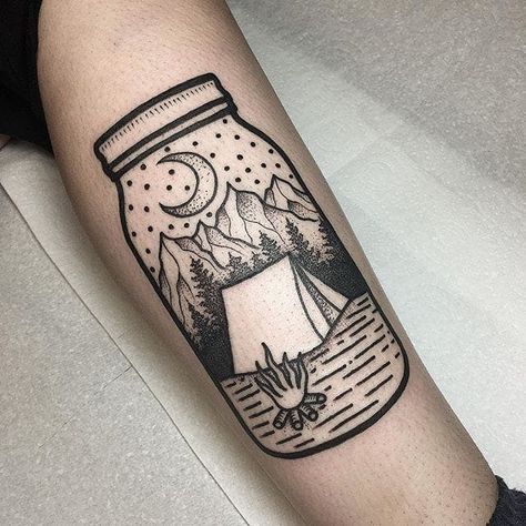 camping scene in a jar #jamesarmstrong #linework #tattoo #tattoodo Small Nature Tattoo, Wilderness Tattoo, Camping Tattoo, Scene Tattoo, Camping Scene, Linework Tattoo, Moon Tattoos, Bottle Tattoo, Thai Tattoo