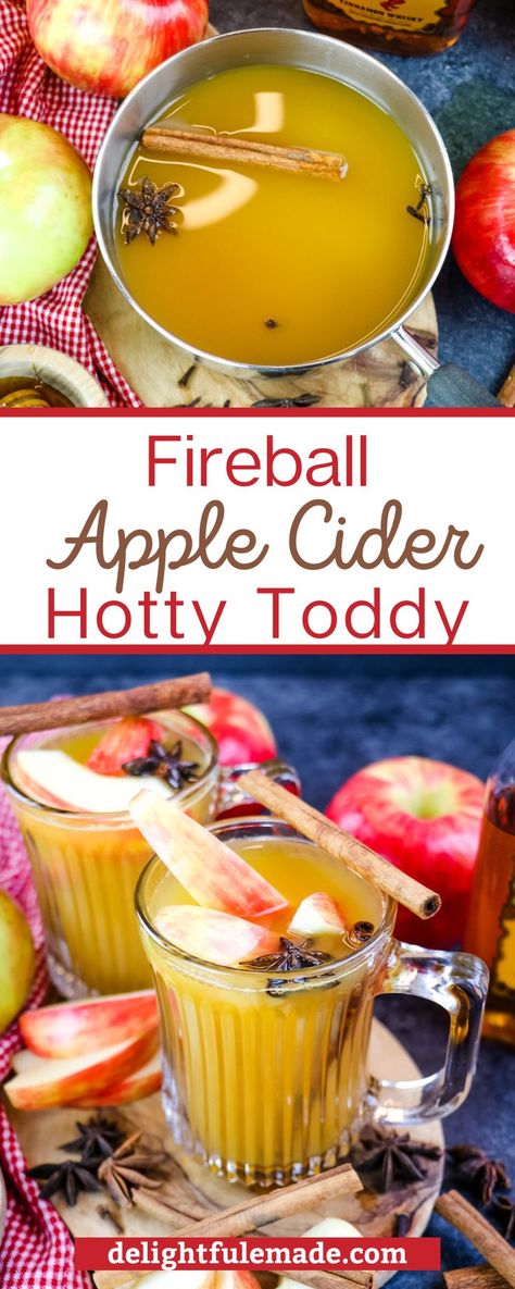 Looking for a hot, delicious apple cider hot toddy? This Fireball Apple Cider is a wonderful drink for a cold evening. Made with fresh apple cider, orange juice, spices and topped off with a shot of Fireball, this Fireball hot toddy will be your new go-to warm up drink. Made with Fireball cinnamon whiskey, this apple cider hot toddy comes together with just a few ingredients. In this post I’ll show you exactly what you’ll need and how to make this delicious hot drink. Apple Cider And Fireball Drink, Fireball Hot Toddy, Fireball Apple Cider, Cider Alcohol Drinks, Fireball Drinks Recipes, Fireball Whiskey Recipes, Blended Drink Recipes, Hot Toddy Recipe For Colds, Apple Cider Hot Toddy