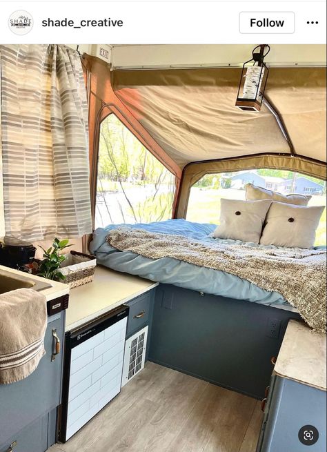 Pop Top Camper Renovations, Palomino Pop Up Camper, Tent Trailer Decor, Remodeled Pop Up Camper Diy, Jayco Pop Top Caravan Renovation, Pop Up Camper Shower Ideas, Pop Up Camper Renovation Diy, Pop Up Camper Outside Paint, Retro Pop Up Camper