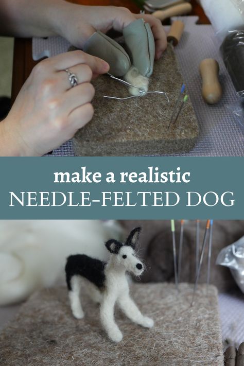 top image shows a pair of white hands using a felting needle to work some white wool onto a wire frame. Bottom image shows a completed miniature black and white needle felted dog. Middle teal text box with white text reads make a realistic needle felted dog. Needle Felted Dog Tutorial How To Make, Felted Dog Tutorial, Felted Dog, Needle Felted Dog, Wool Felting, Needle Felting Tutorials, Felt Dogs, Needle Felting Projects, Felt Pattern