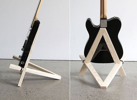 Stol Guitar Stand — ACCESSORIES -- Better Living Through Design Aesthetic Guitar Acoustic, Guitar Photoshoot, Diy Guitar Stand, Wood Guitar Stand, Aesthetic Guitar, Wooden Guitar Stand, Music Furniture, Acoustic Guitar Photography, Guitar Aesthetic