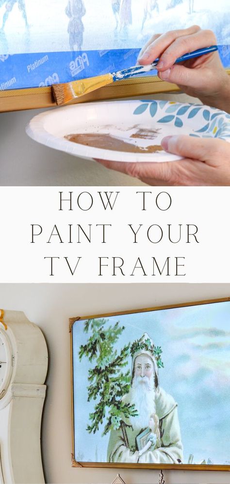 Recently I painted the plastic frame around my television and it turned out amazing! Come see how I painted my tv frame to make it into a vintage frame. This Samsung frame tv dupe is simple and easy to follow and the frame looks beautiful! Now add art with Youtube and you have art tv. Learn how to paint a tv frame with these simple steps. Paint frame behind tv with acrylic paint. Paint frame around tv. Television paint for frame. Frame tv with paint. Artwork Over Tv, How To Make A Tv Look Like Art, Frame For Tv Diy, Diy Tv Frame Ideas, Frame Around Tv, Gold Frame Gallery Wall, Picture Frame Tv, Rub And Buff, Paint Frame