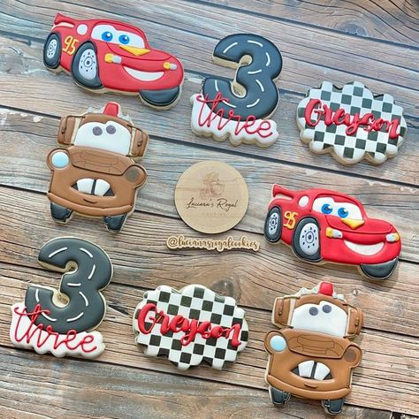 Cars Birthday Party Cookies, Cars Mcqueen Birthday Party Ideas, Disney Car Themed Birthday Party, First Birthday Themes Cars, Cars Movie Theme 2nd Birthday Party, Cars Movie Cookies, Lighting Mcqueen Cookies, Disney Cars Cake Pops, Cars Birthday Theme Ideas