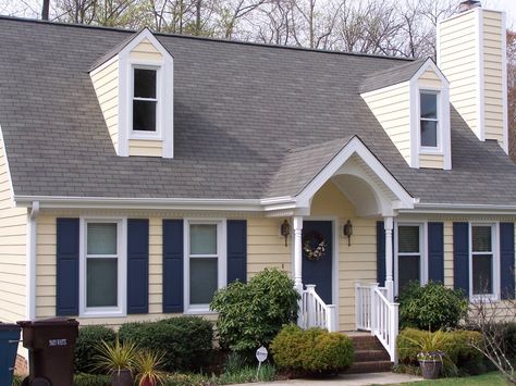 (1) Renowaze (@renowaze) | Twitter Vinyl Siding Options, Navy Shutters, Yellow House Exterior, Tan House, Siding Options, Vinyl Shutters, House Shutters, Blue Shutters, Vinyl House