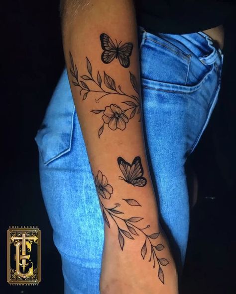 Tattoo Cover Up Forearm Women, Feminine Lower Arm Tattoo, Important Tattoo Ideas, Butterfly Half Sleeve Tattoo For Women, Arm Tattoos With Butterflies, Butterfly Flower Sleeve Tattoo, Vine Going Up Arm Tattoo, Cute Small Arm Tattoos For Women, Butterfly On A Flower Tattoo