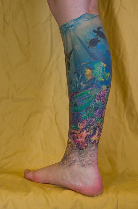 Under Water Tattoo, Underwater Sleeve, Thigh Sleeve Tattoo, Scatter Brain, Ocean Sleeve Tattoos, Underwater Tattoo, Conway Sc, Ocean Sleeve, Colored Tattoo Design