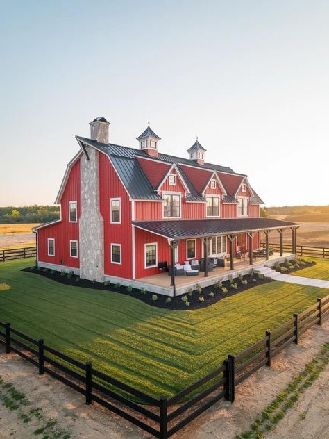 Red Barndominium, Luxury Outdoor Spaces, Country Home Exterior, Barn Houses, Barn Style House Plans, Dream Life House, House Yard, Farm Houses, Barn Style House