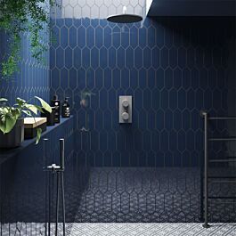 Cast Dark Blue Glazed Ceramic Wall Tile 100 x 300mm Blue Tile Dark Grout, Navy Blue Tiled Bathroom, Dark Blue Tile Bathroom, Dark Blue Tile, Dark Blue Bathrooms, Tiled Bathrooms, Kitchen Splash Back, White Grout, Blue Bathroom Tile