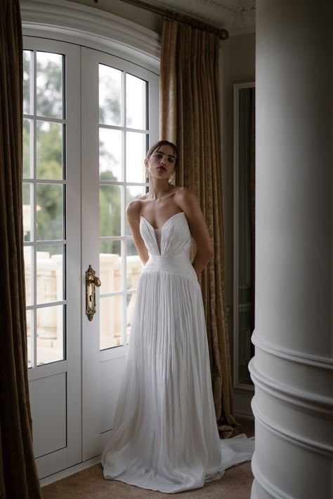 Hailey Wedding Gown | Hera Couture Greek Goddess Wedding Dress, Pleated Wedding Dresses, Ruched Wedding Dress, Hera Couture, Simple Wedding Gowns, Flower Installation, Couture Wedding Gowns, Custom Wedding Dress, Satin Wedding Dress